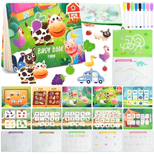 SUNXBUK Giochi Montessori 1 2 Anni,Libro Montessori Interattivo,Busy Board 1 Anno,Libro Interattivo,Quiet Book Educativo,Sensoriale Neonati,Regalo Bambina Bambino-Fattoria
