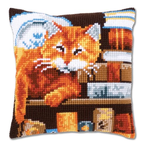 VERVACO Kit Punto Croce Gatto E Libri Set Ricamo Principianti Cuscini Gobelin Decorativi Accessori per Lavoretti Creativi DIY Casa Decor Hobby Adulti Cross Stitch, Cotone, Multicolor, ca. 40 x 40 cm