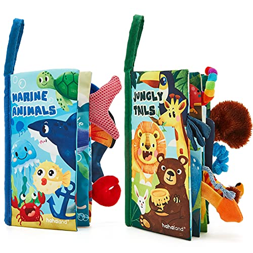 hahaland Libri di Stoffa Neonati 2 Pezzi - Code Animali Libretti Morbidi Giungla Bambini Sensoriali Libricino Interattivo, Libro Tattile per Tummy Time 0 6 12 Mesi