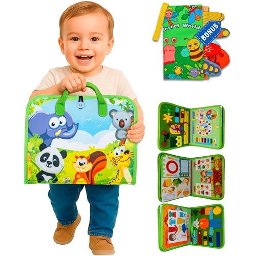 VILLMART Busy Board Montessori 1 Anno con Libro sensoriale Incluso – Set educativo 2 in 1 per Neonati e Bambini Fino a 3 Anni – Giochi Montessori – Libri in Stoffa